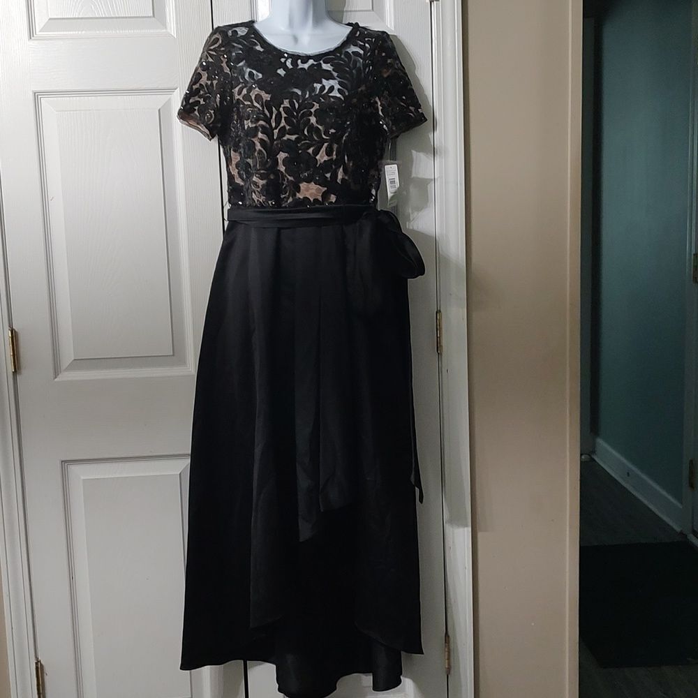 R&M Richards black sequin formal cocktail party high low dress sash  Sz 8 NWT
